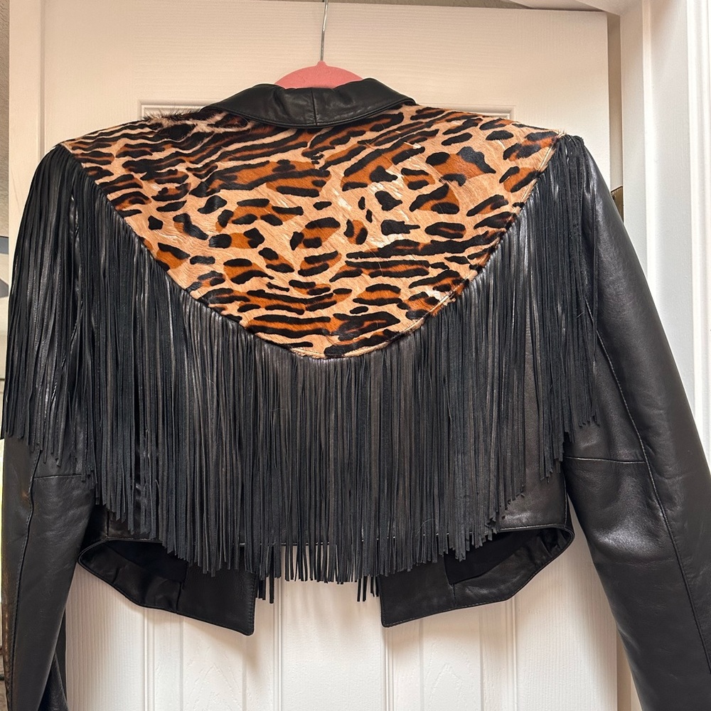 Vintage leather fringe leopard jacket 1980s genuine leather.